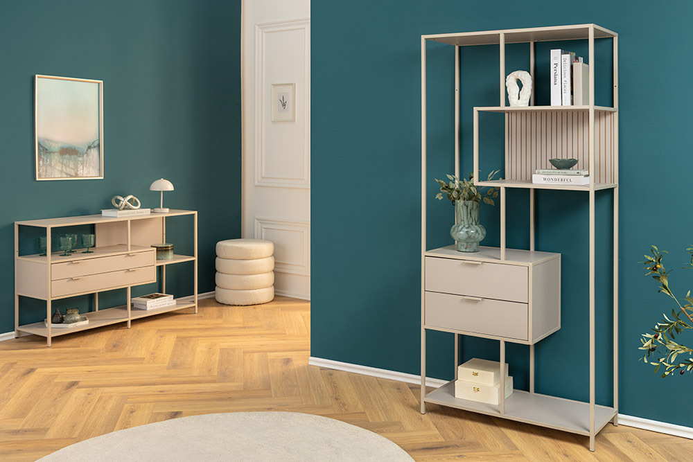 Modernes Bücherregal SLIM LINE 185cm champagner beige Metall mit Schubladen