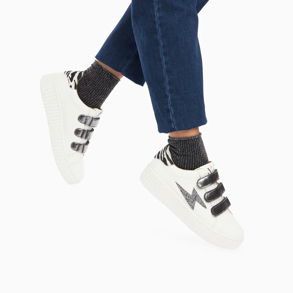 Sneakers-Baskets éclair Darine blanc et zèbre à scratchs anthracite