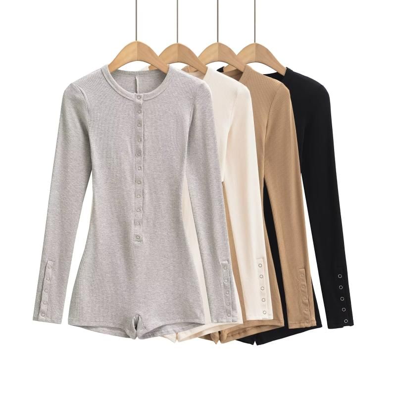 Bazer - Romper met lange mouwen, ronde hals en knoopsluiting, slim fit