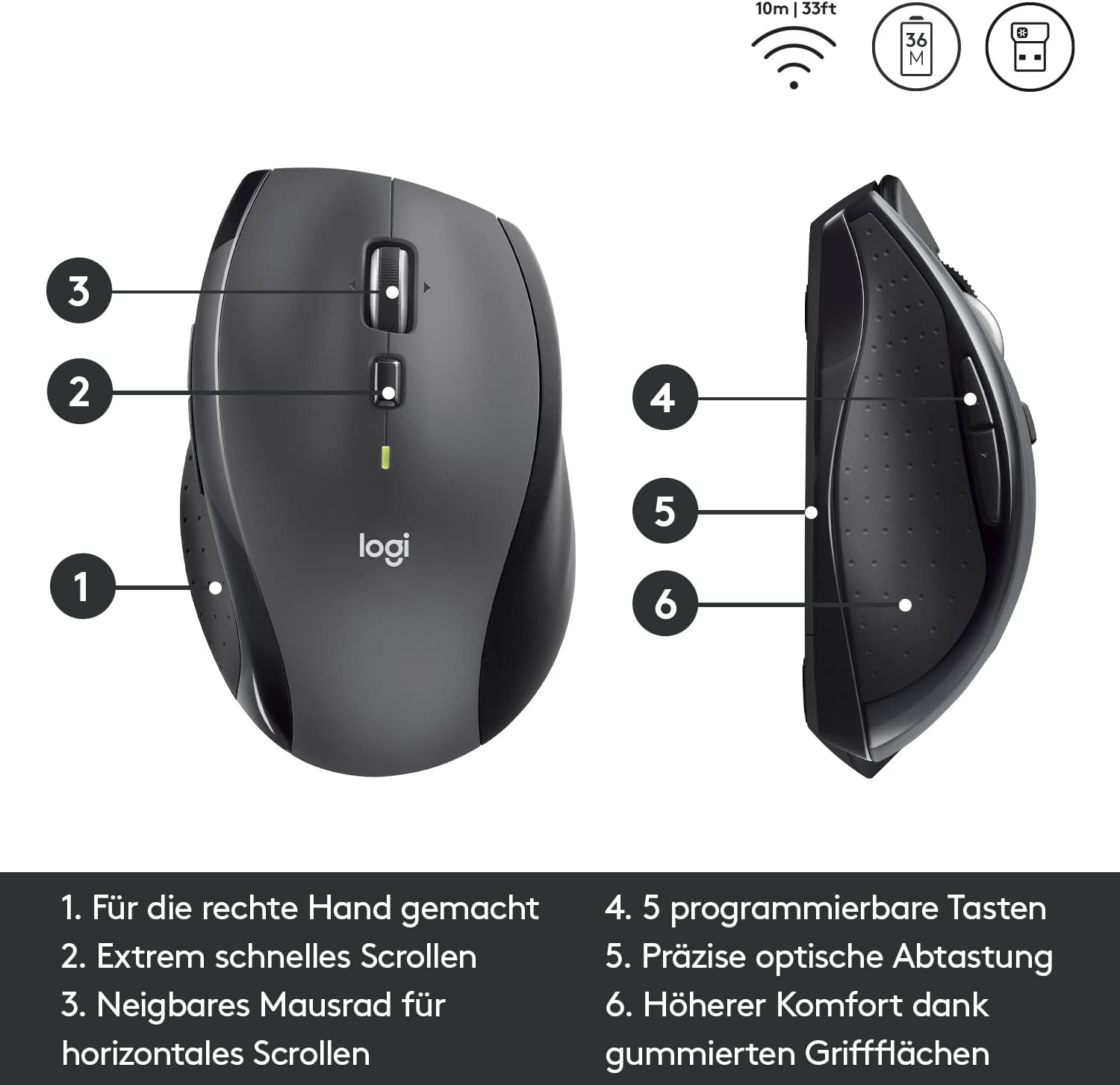 Marathon Maus M705 Ultramobile Kabellose 2.4 GHz Optische Wireless Funk Maus 1000 DPI   USB A Dongle (910-001949) - Schwarz