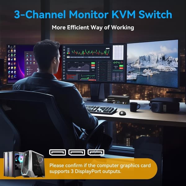 NÖRDIC DisplayPort 1.4 KVM-bryter 2 datamaskiner 3 skjermer 8K60Hz 4K144Hz trippel skjerm 4 USB 3.0 for 2 PC-er deler 3 skjermer