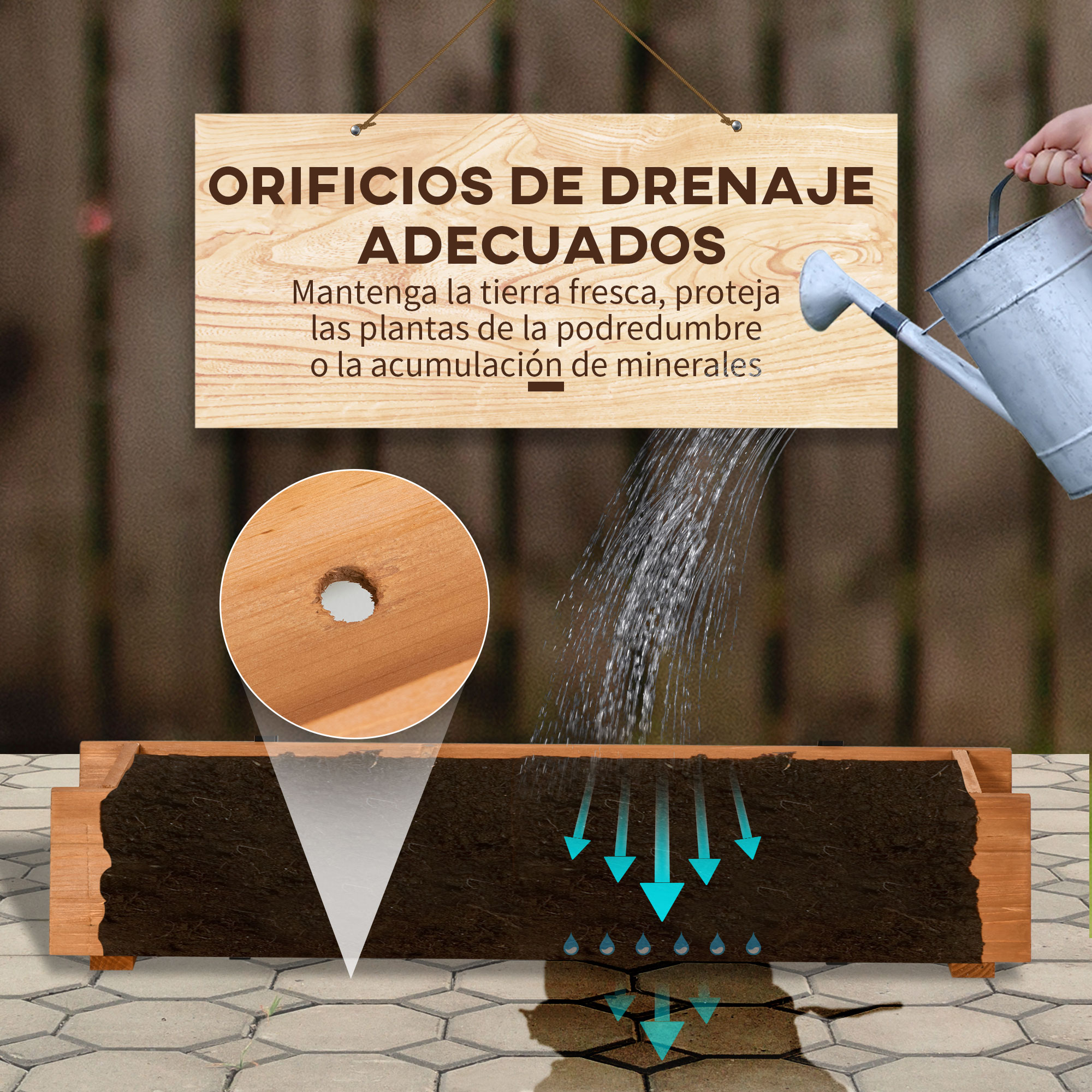 Canteiro retangular de madeira Outsunny para chão ou parede, com 2 furos de drenagem e 2 ganchos para o cultivo de plantas e flores em jardins ou terraços, 91x18x16,5 cm, cor natural.