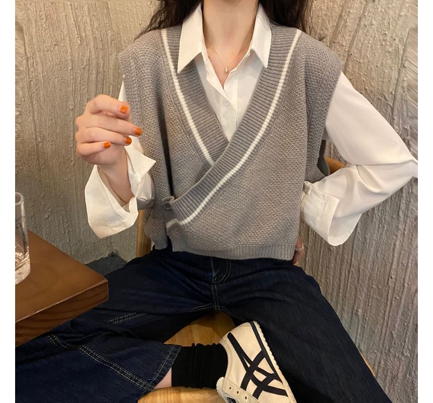 Shinsei - Effen shirt / V-hals gestreept vest