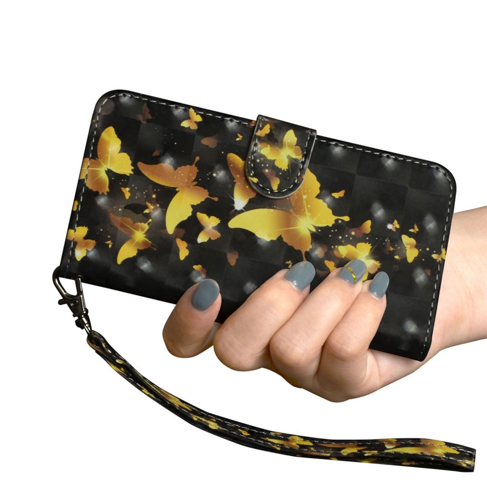 iPhone 12 / iPhone 12 Pro Leder Tasche mit Kartenfach   Handschlaufe - Schmetterling (Schwarz / Gold)