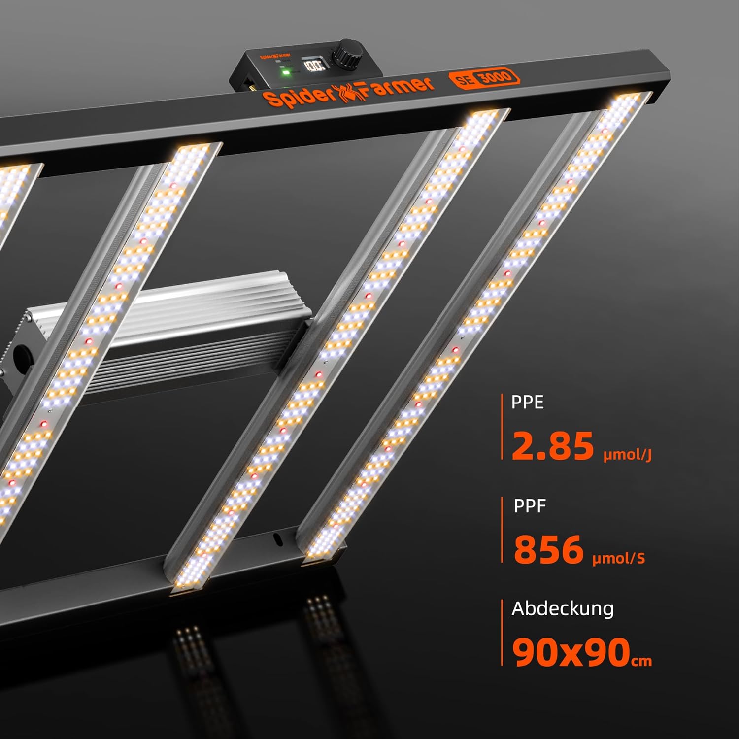 Spider Farmer SE3000 LED Grow Lampe Samsung LM301H301H EVO Dioden, 90x90CM Abdeckung 300W LED Pflanzenlampe, Smarte APP Steuerung Vollspektrum Grow Light Dimmbar