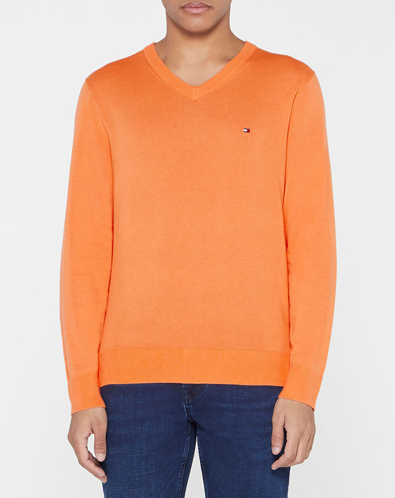 Tommy Hilfiger Pull col V en Coton Bio & Soie orange