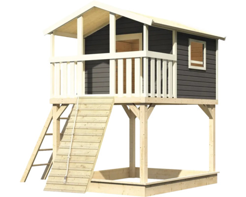 Speeltoren/speelhuis Karibu Benjamin, 198 x 244 cm, hout, grijs, bestaande uit een houten helling