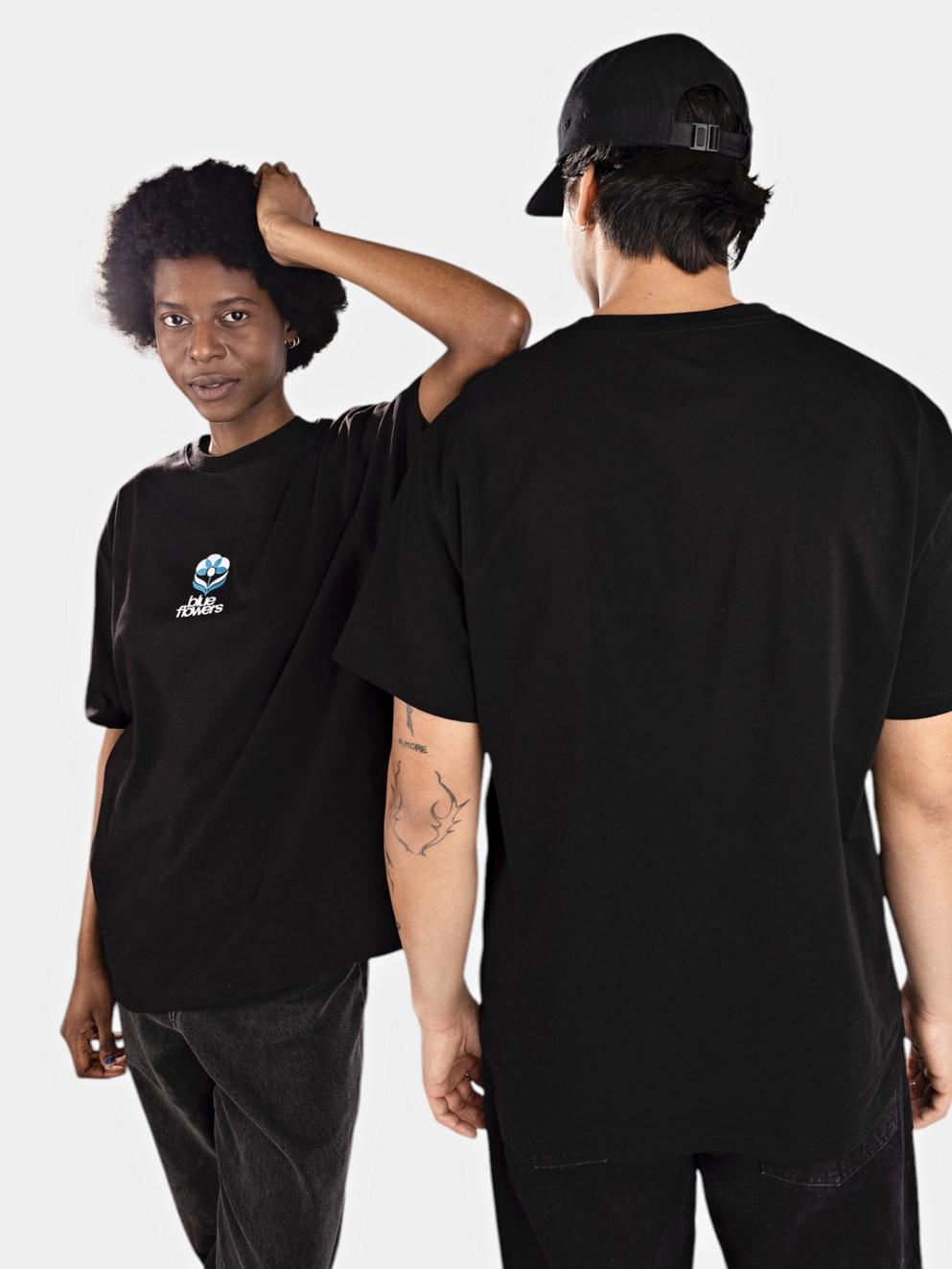 Blue Flowers Flower T-Shirt black