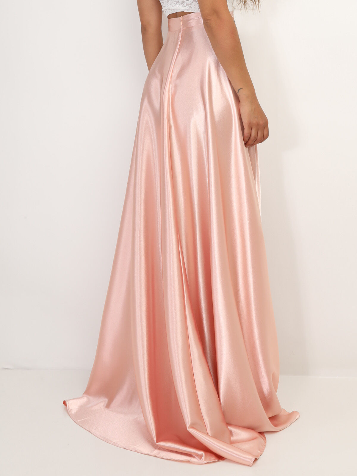 Jupe longue taille haute effet satiné- Rose