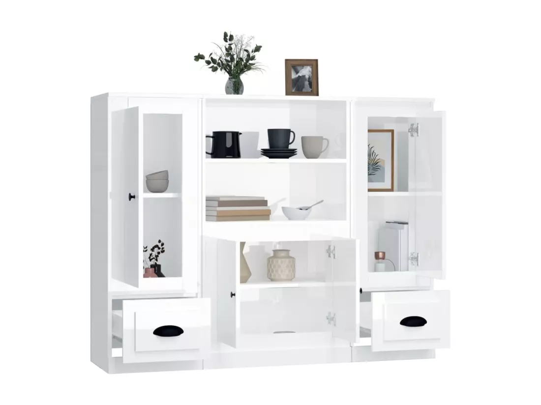 Buffets 3 pièces blanc brillant bois d'ingénierie