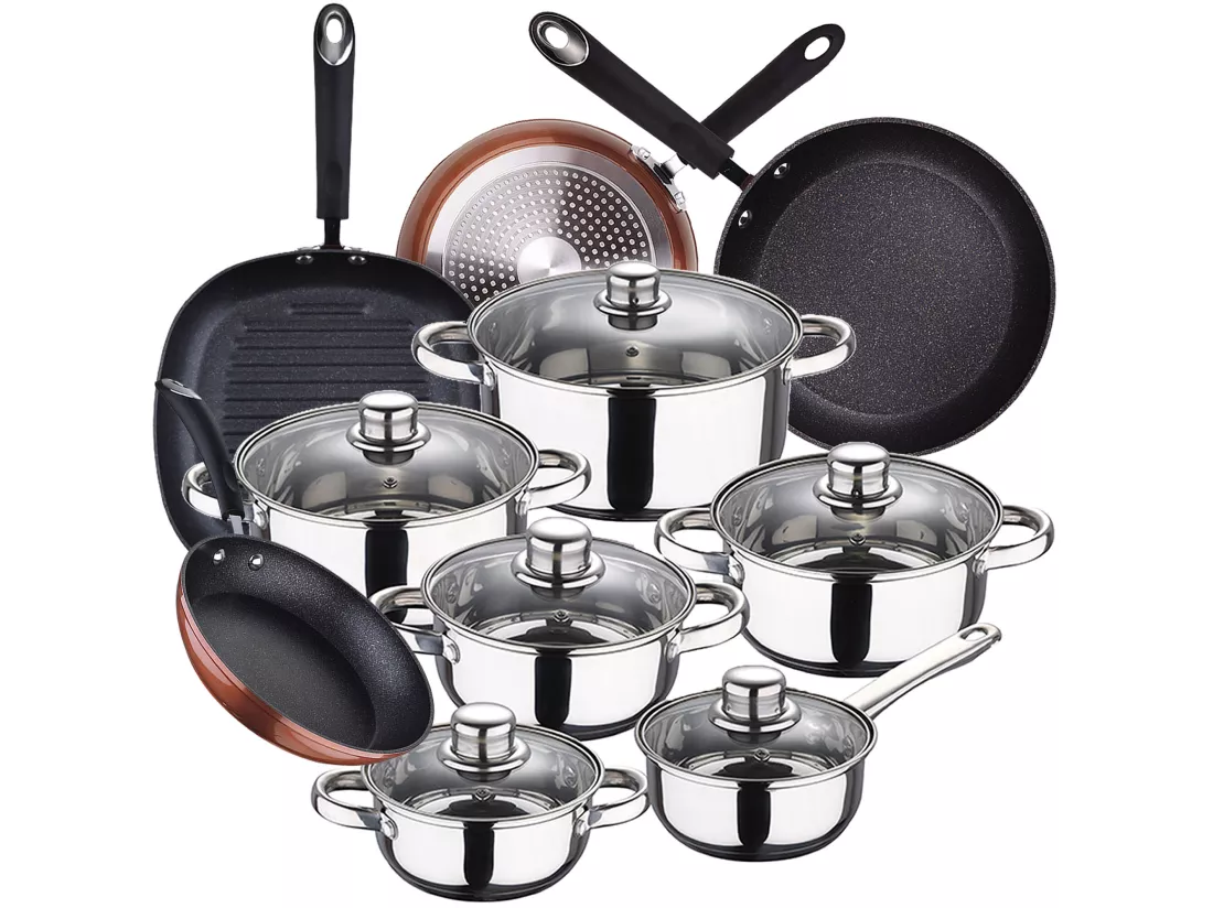 cassel batterie de cuisine 12 pcs, 3 poêles à frire 20,24,28 et gril moma