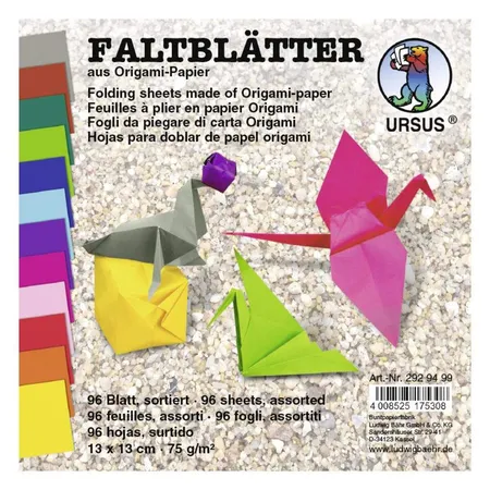 URSUS Faltblätter aus Origami Papier, 13 x 13 cm, 75 g/qm, 96 Blatt sortiert in 12 intensiven Farben