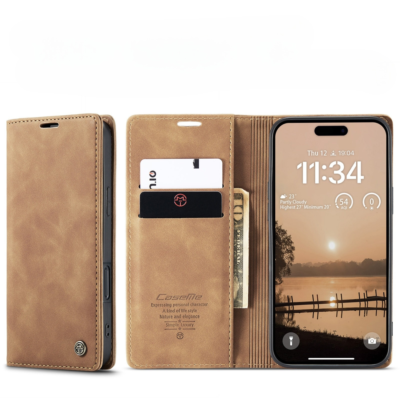 iPhone 17 Pro Leder Tasche Flip Wallet Etui mit Kartenfächern - Hellbraun