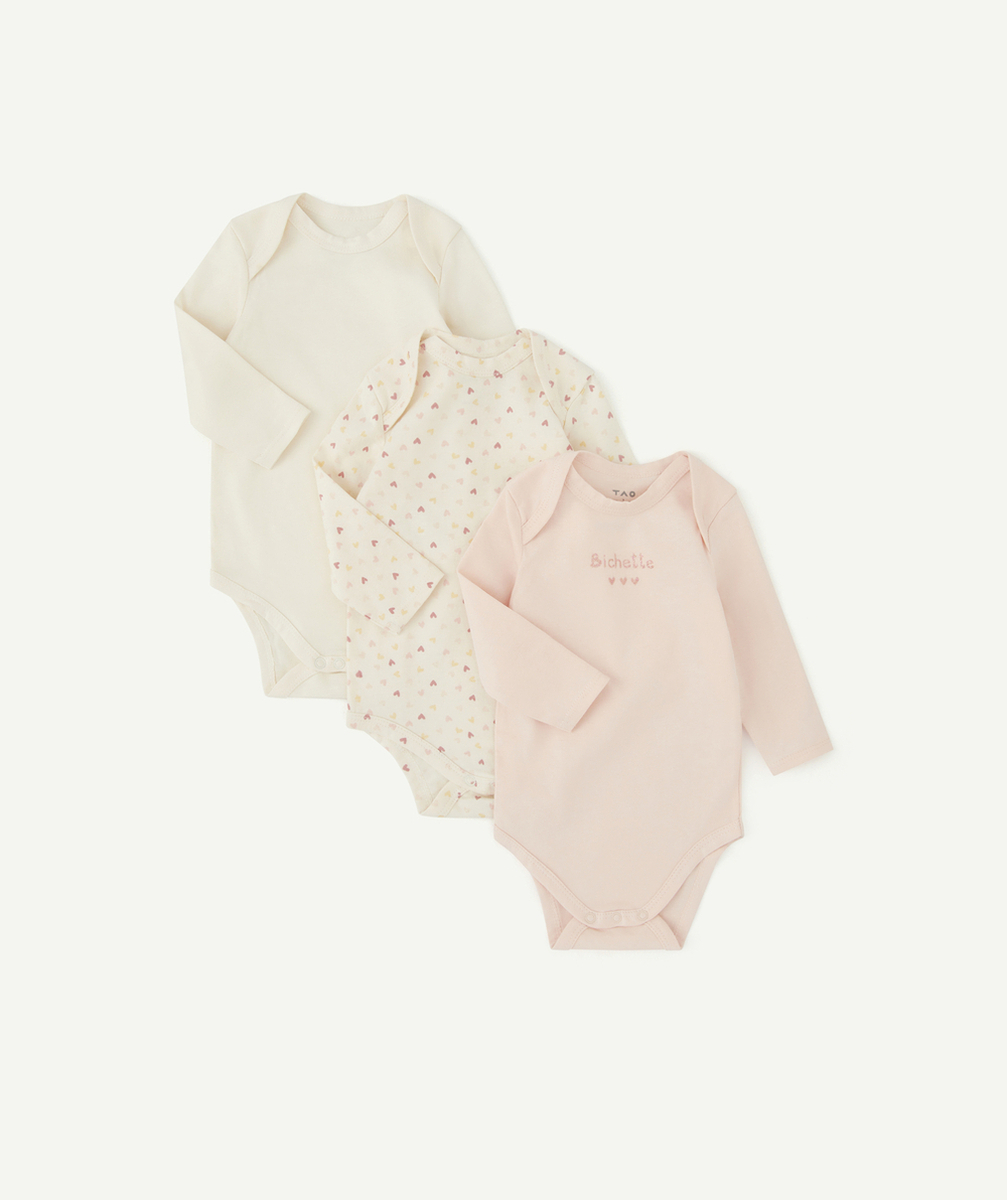 LOT DE 3 BODIES BÉBÉ EN COTON BIO AVEC MESSAGE ET IMPRIMÉ COEURS
