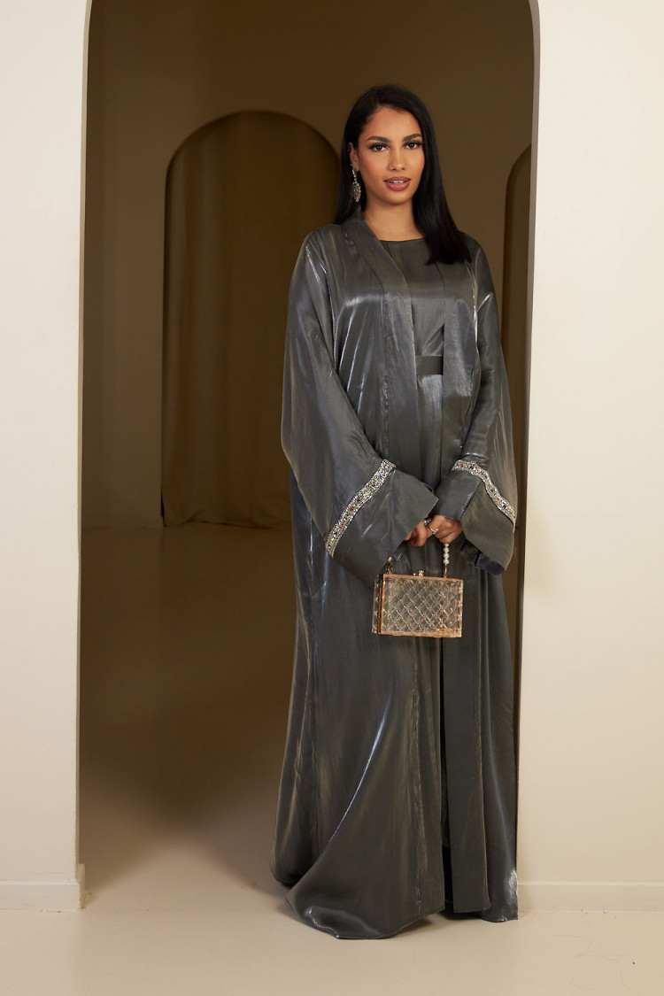 Ensemble 2 pièces abaya + gilet ceinturé gris
