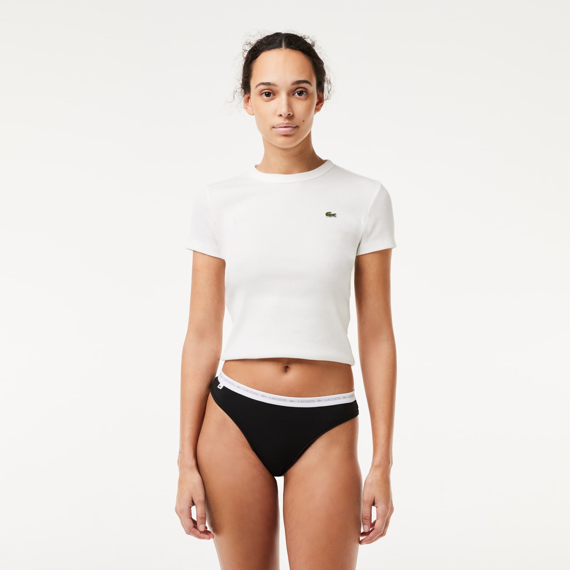 Lot de 3 strings siglées en coton stretch Culottes & bas - Noir - Lacoste - Femme