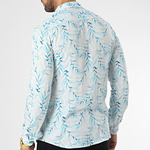 Chemise Manches Longues Floral Blanc Bleu Ciel
