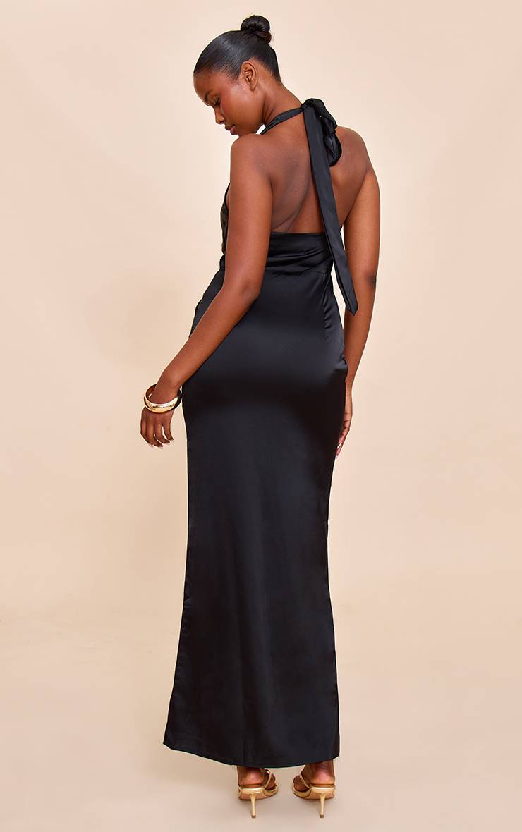 Noir Robe Longue De Demoiselle D'honneur En Satin Avec Détail Torsadé Et Col Licou