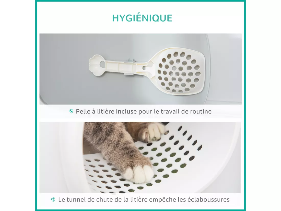 Maison de toilette litière pour chat - porte, couvercle ouvrant - pelle incluse - blanc gris clair