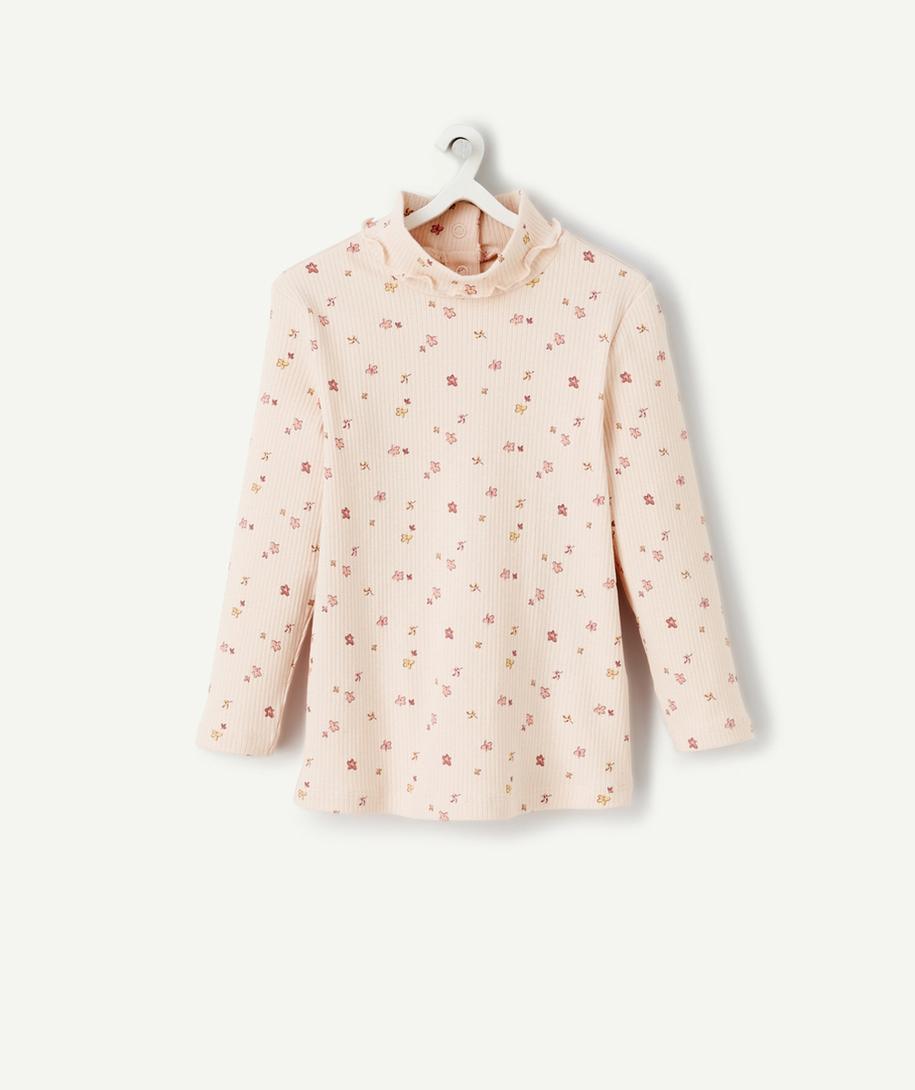 SOUS-PULL CÔTELÉ FILLE EN COTON BIO ROSE IMPRIMÉ FLEURI