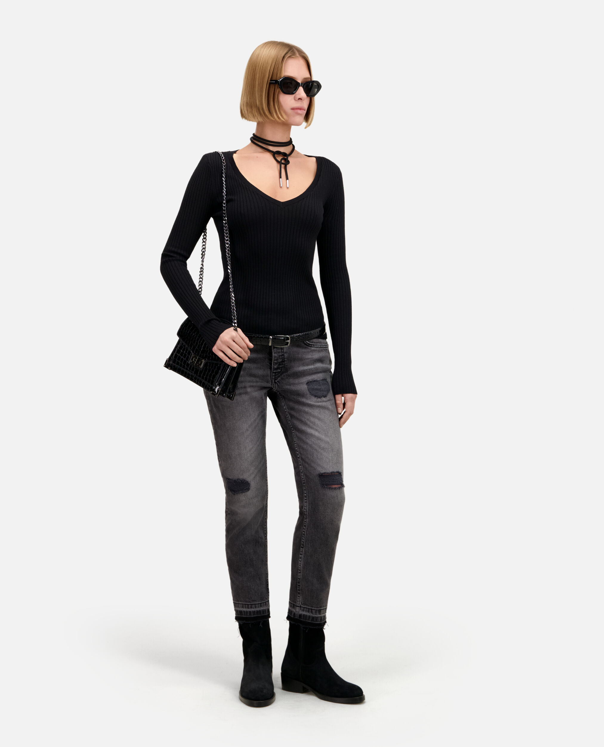 Black ribbed fine knit sweater