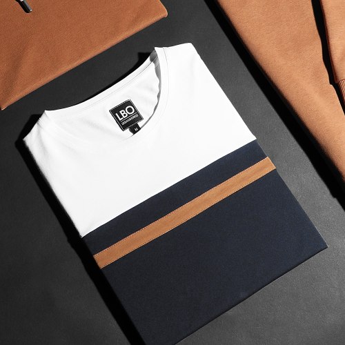 Tee Shirt Manches Longues Slim Fit Tricolore 1359 Bleu Marine Camel Blanc