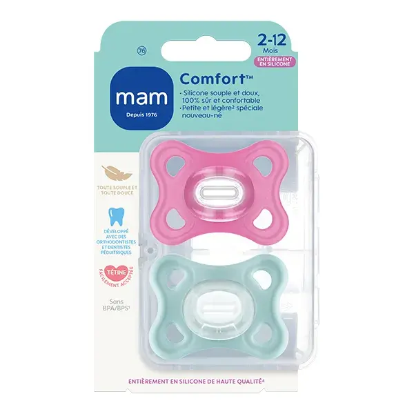 Chupeta Mam Comfort Rosa - 2-6 meses - Silicone - Caixa com 2 unidades