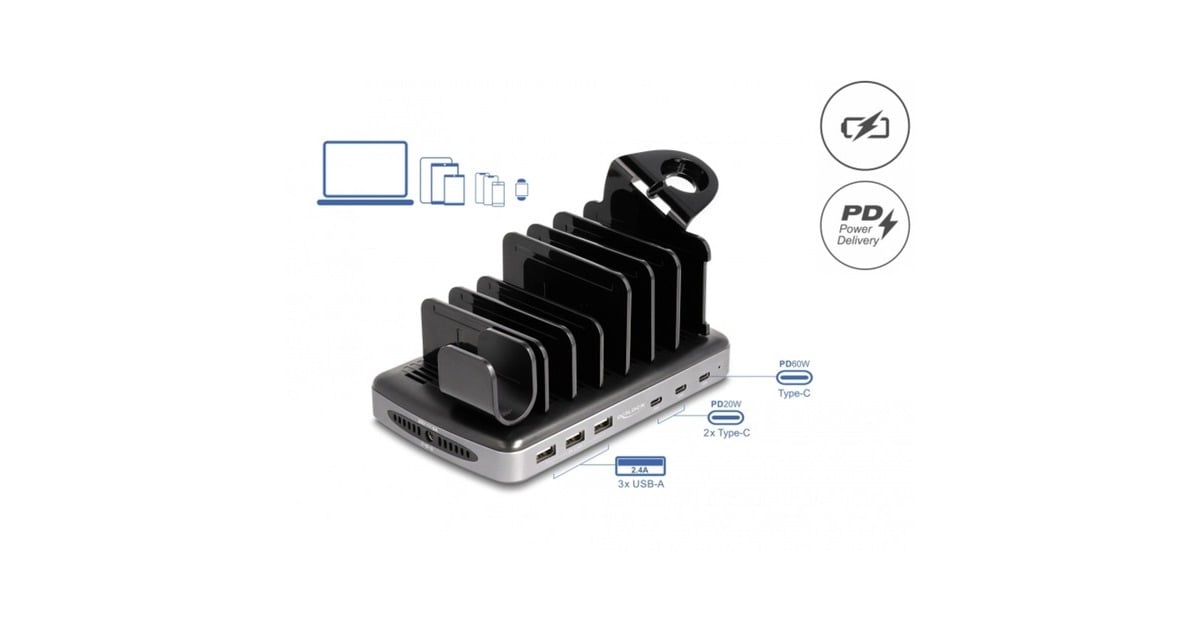 DeLOCKUSB Charging Station met 3 x USB Type-C PD + 3 x USB Type-A (112 W)  (Grijs/zwart)