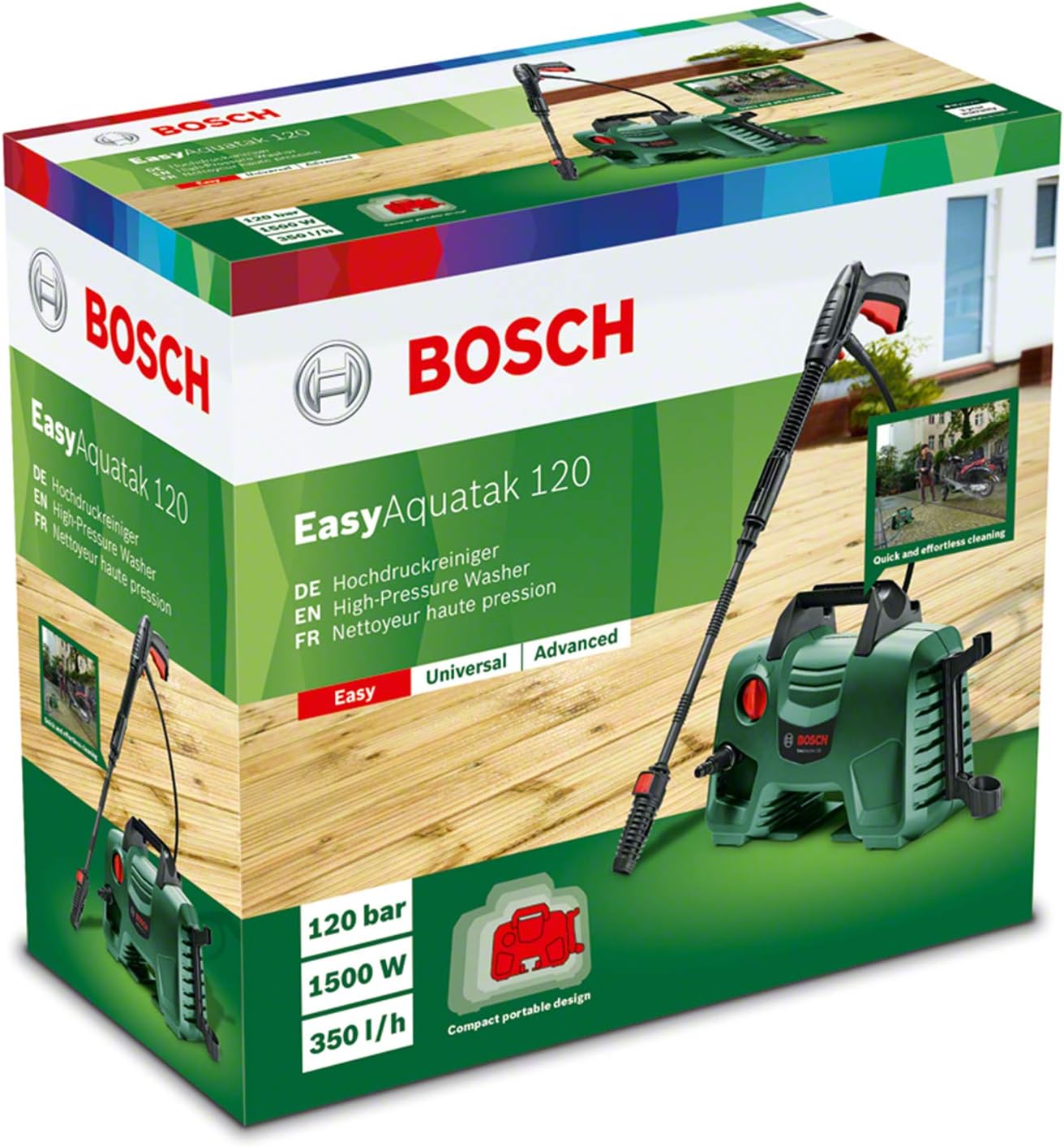 Bosch EasyAquatak 120 Hochdruckreiniger - 1500 Watt, 120 bar, vielseitiges Zubehör, kompakte Bauweise, inkl. Schlauch und Düsen