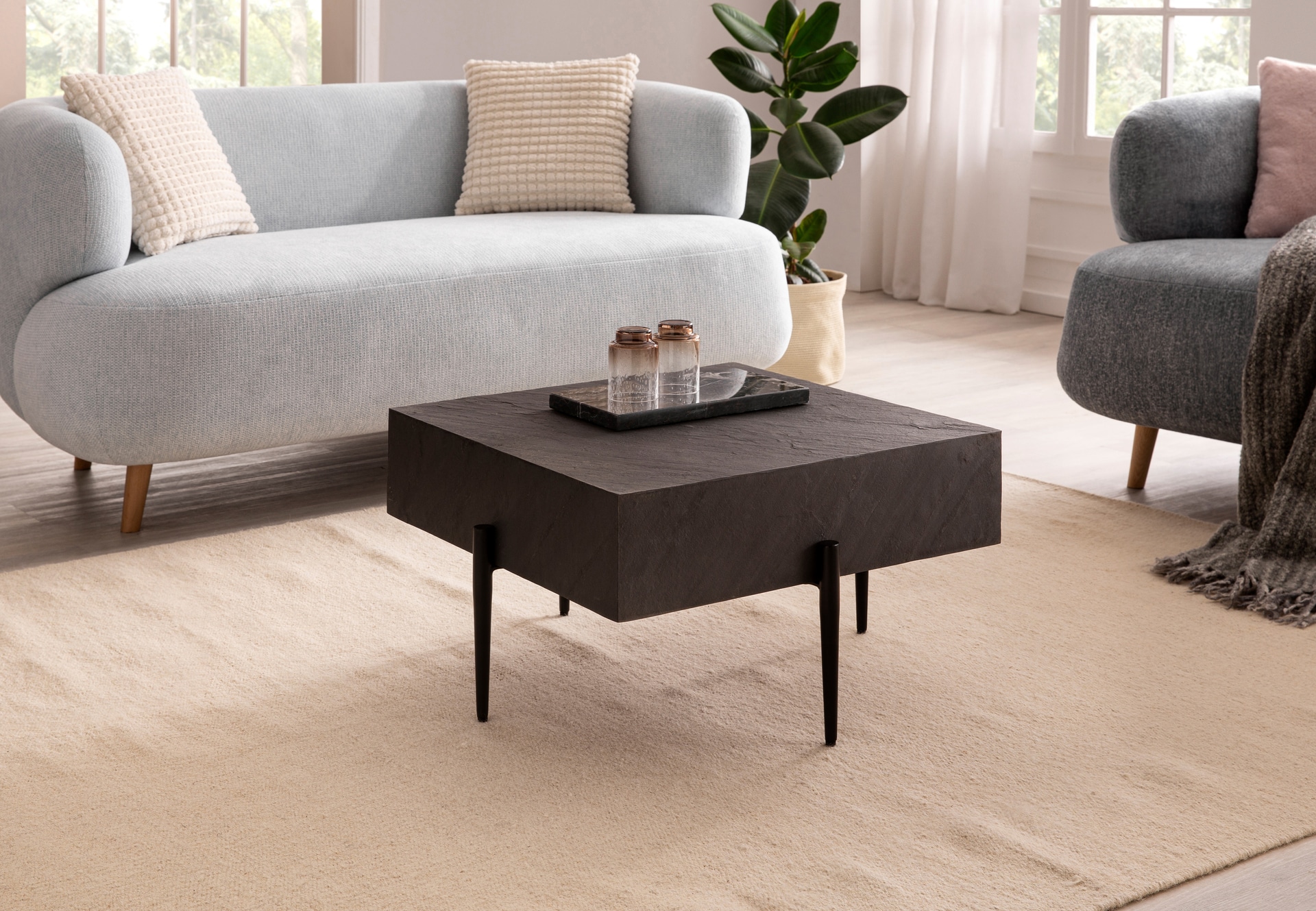 Couchtisch 64x35x64 cm 3D-Steinoptik/Metall Anthrazit/schwarz