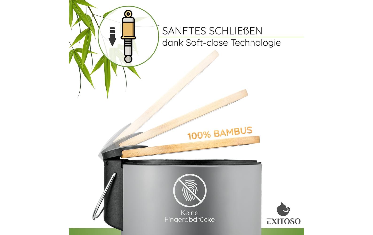 Tretmülleimer mit Softclose-Deckel 3 l, GrauAbfalleimer aus Bambus