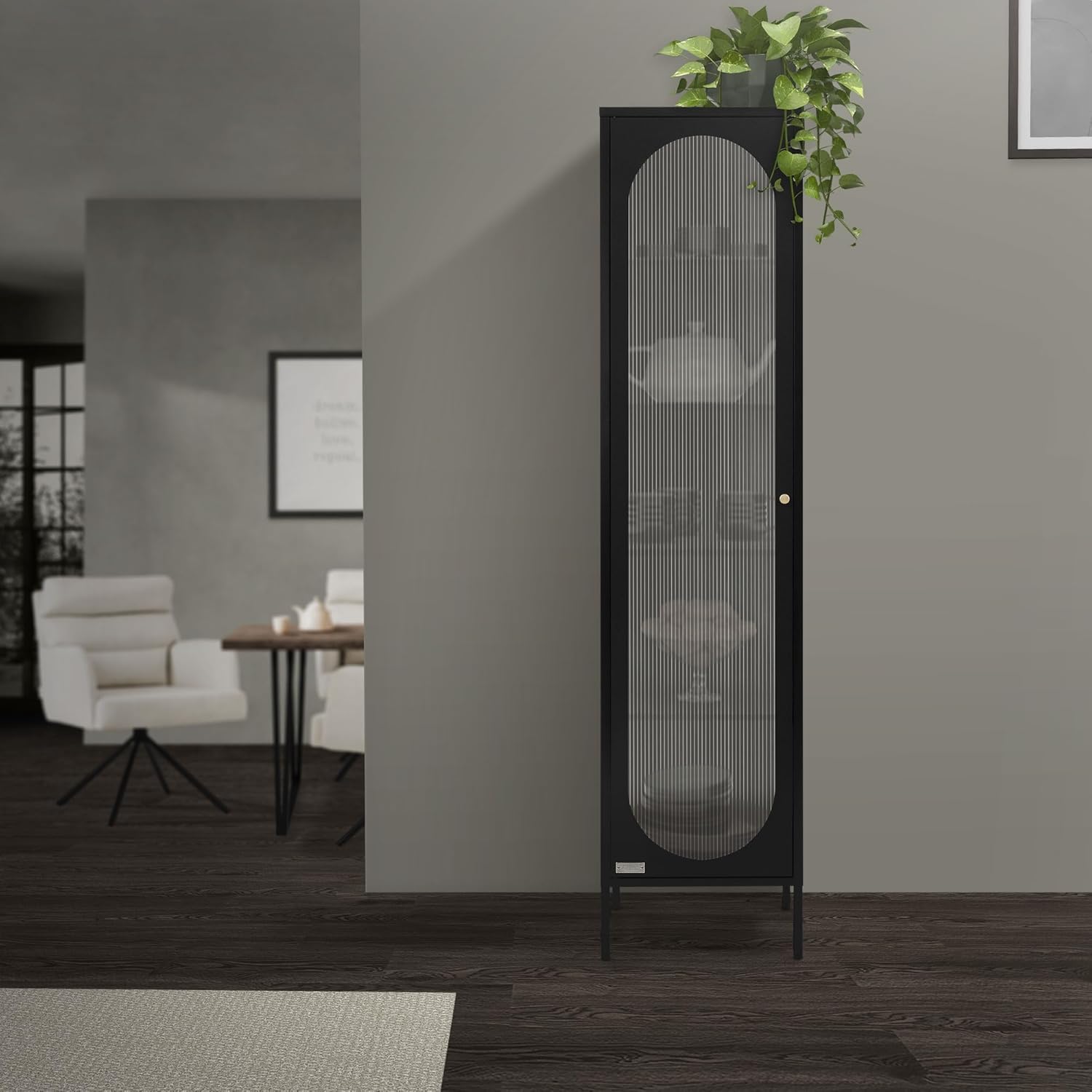 ML-Design Vitrinenschrank 42x175x40 cm, Schwarz, Schmale Vitrine mit 5 Ablagen und 1 Tür, Wohnzimmer Metallschrank aus Stahl, Industrieller Stil, Hochschrank Bücherschrank Aktenschrank Büroschrank