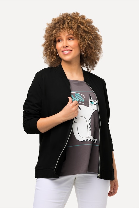Sweatjacke, Katze, Boxy-Form, Collegekragen