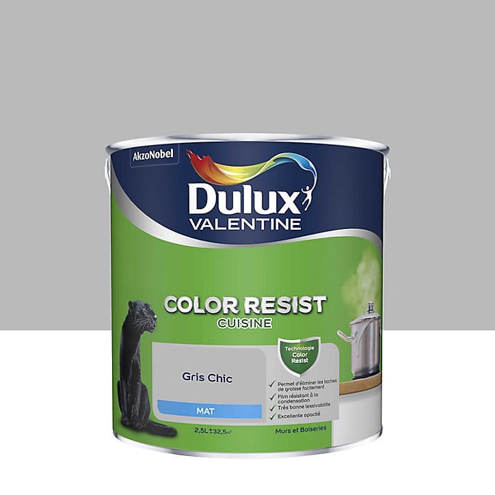 Peinture murs et boiseries Color Resist cuisine Dulux Valentine mat gris chic 2,5L