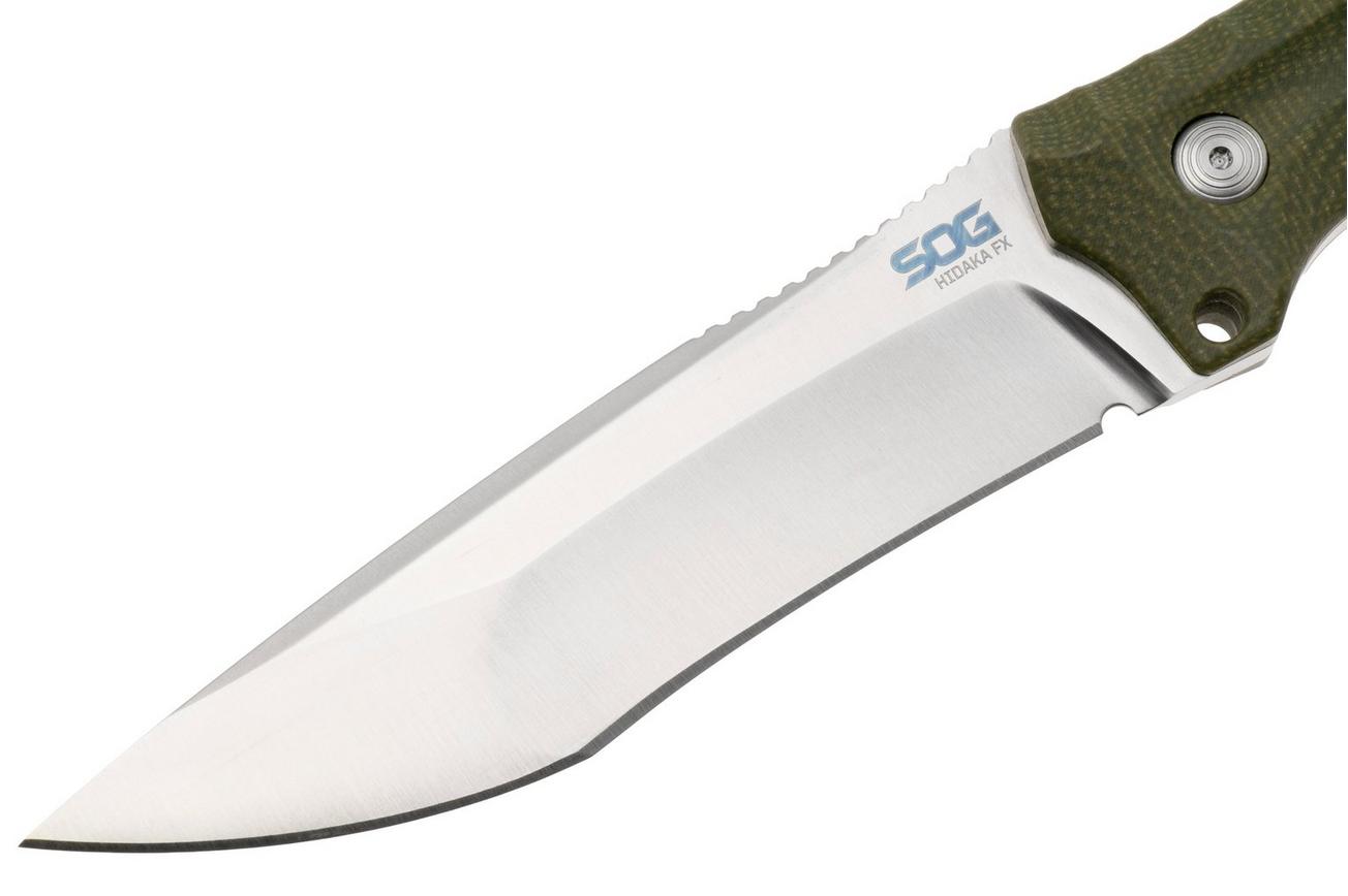 SOG Hidaka FX 17-27-01-57 Satin CPM 3V, Green Micarta vaststaand mes, Kiku Matsuda design