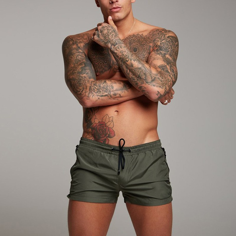 (Gr. L) Sport Shorts Kurze Hose mit Reissverschluss Taschen - Dunkelgrün