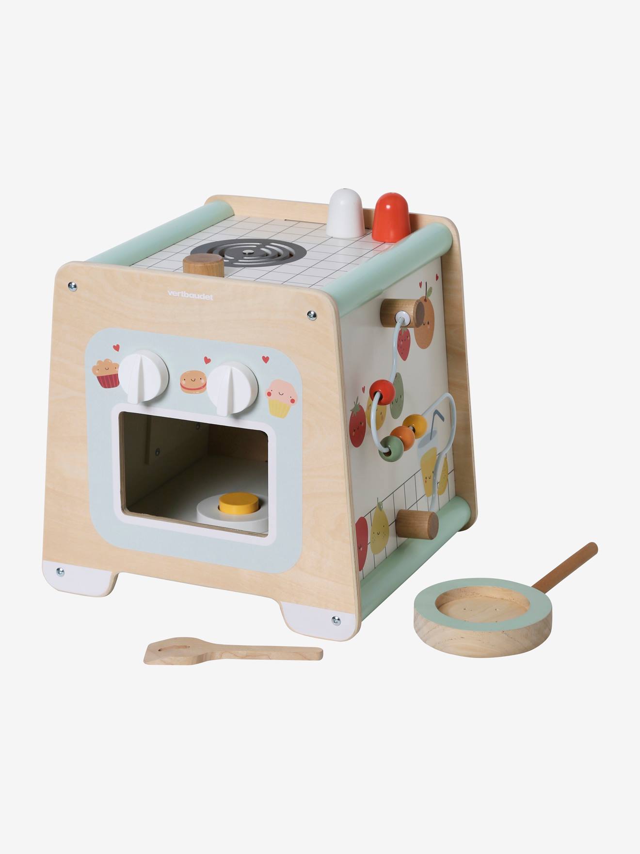 Cubo de atividades de cozinha de brinquedo em madeira lisa bege claro com certificação FSC® e motivos.