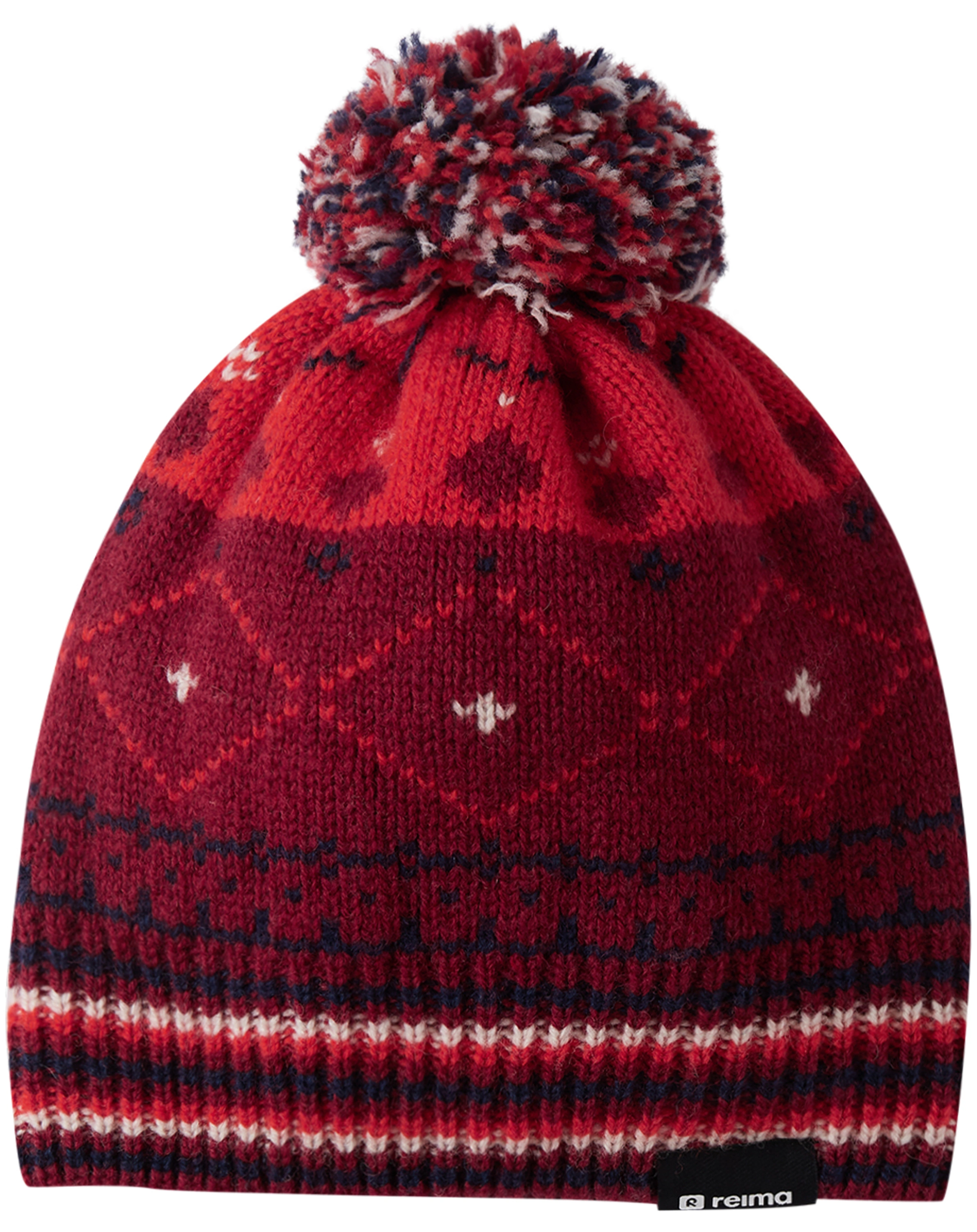 Woll-Strickmütze POHJOINEN mit Bommel in jam red