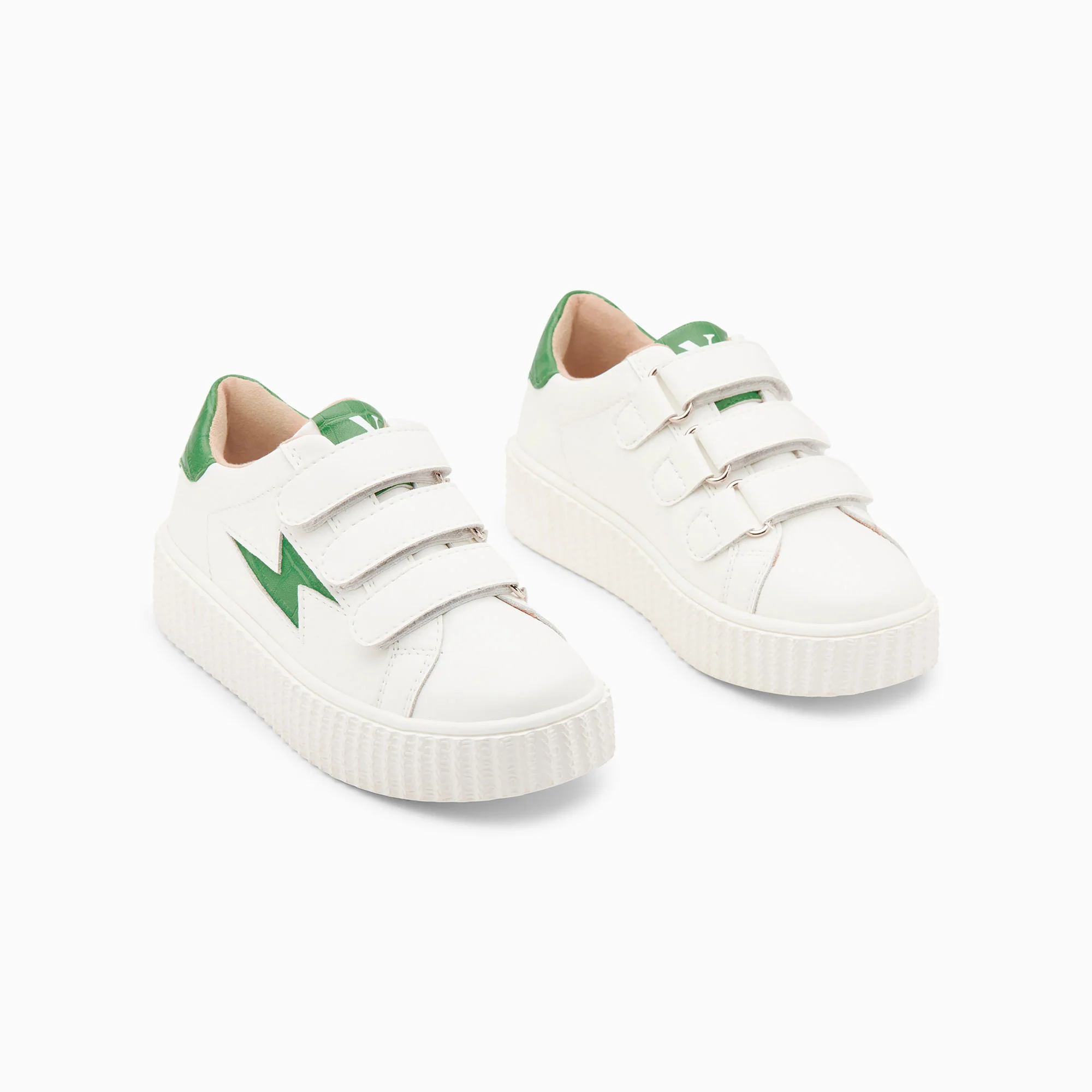 Sneakers-Baskets éclair Mini Elsa blanc et vert menthe croco à scratchs