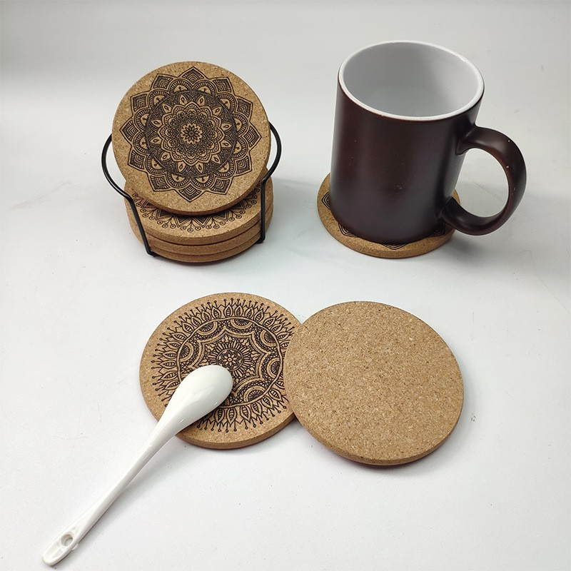(12er Set) Ø10cm Kork Getränke Untersetzer Mandala Glasuntersetzer   Halterung - Braun