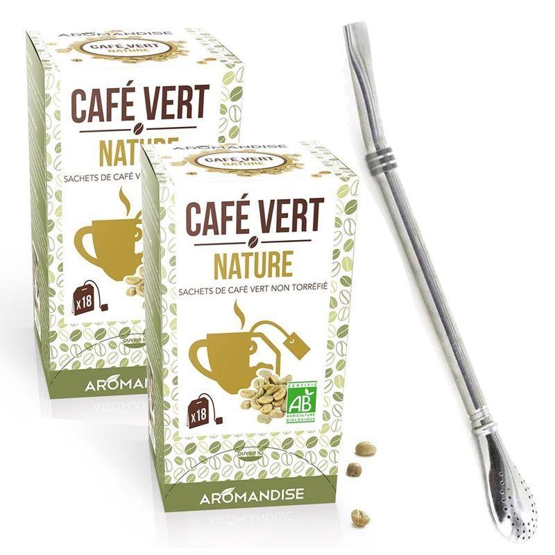 Café vert nature 36 sachets + paille inox avec filtre Aromandise