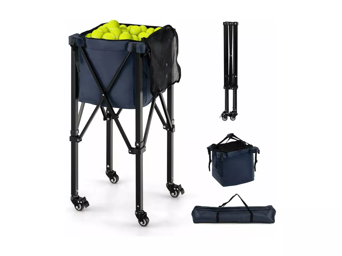 Chariot de Balle de Tennis Pliable avec Sac de Transport, Panier à Balles de Tennis en Aluminium Contient 150 Balles de Tennis avec 2 Roues de Frein Poches Latérales, Bleu
