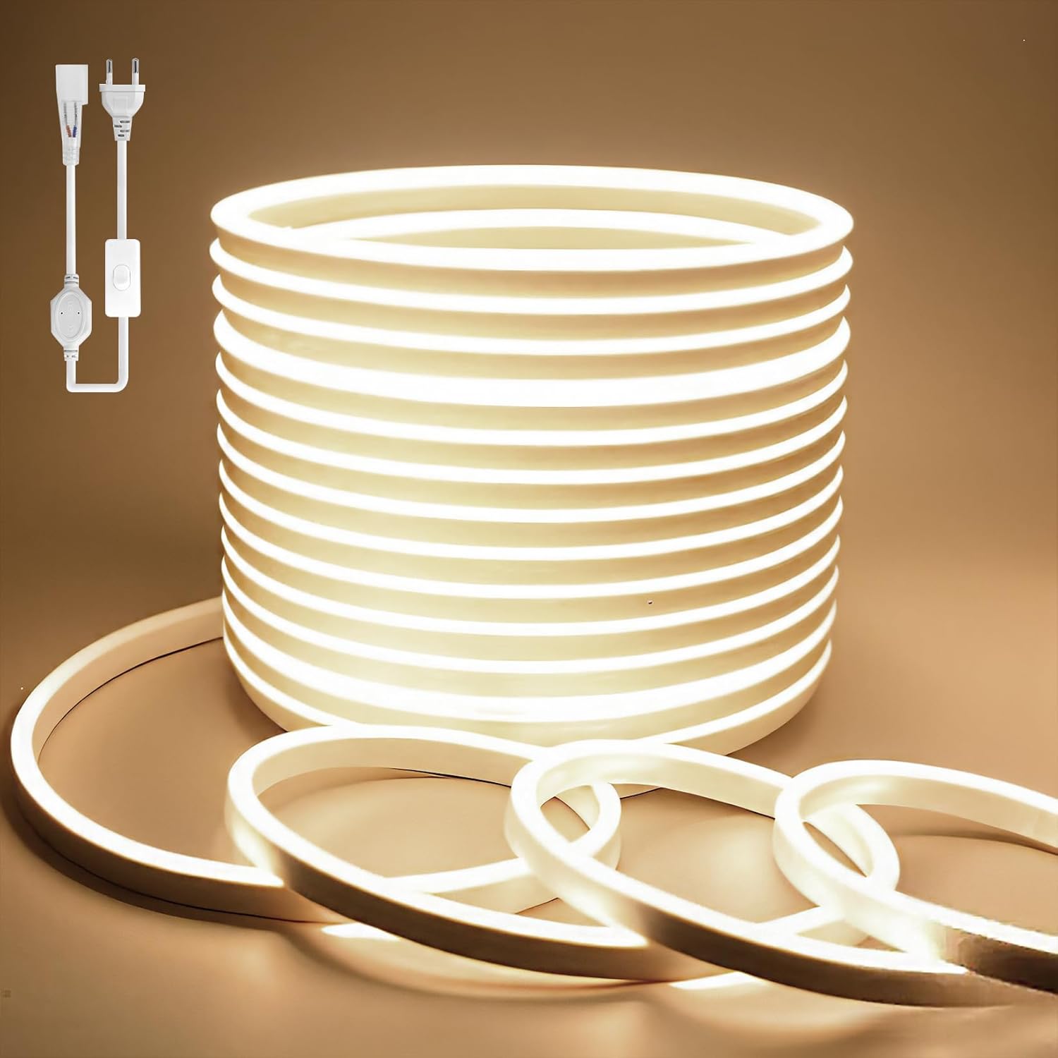BAGZY Neon LED Streifen 50M Aussenbereich, Neon Wasserdicht Strip 230V Outdoor 120 LED/M Flexibler DIY Lichtband für Innen Weihnachtsfeier Aussenbereich,mit Netzteil und Controller(Natürliches Weiß)