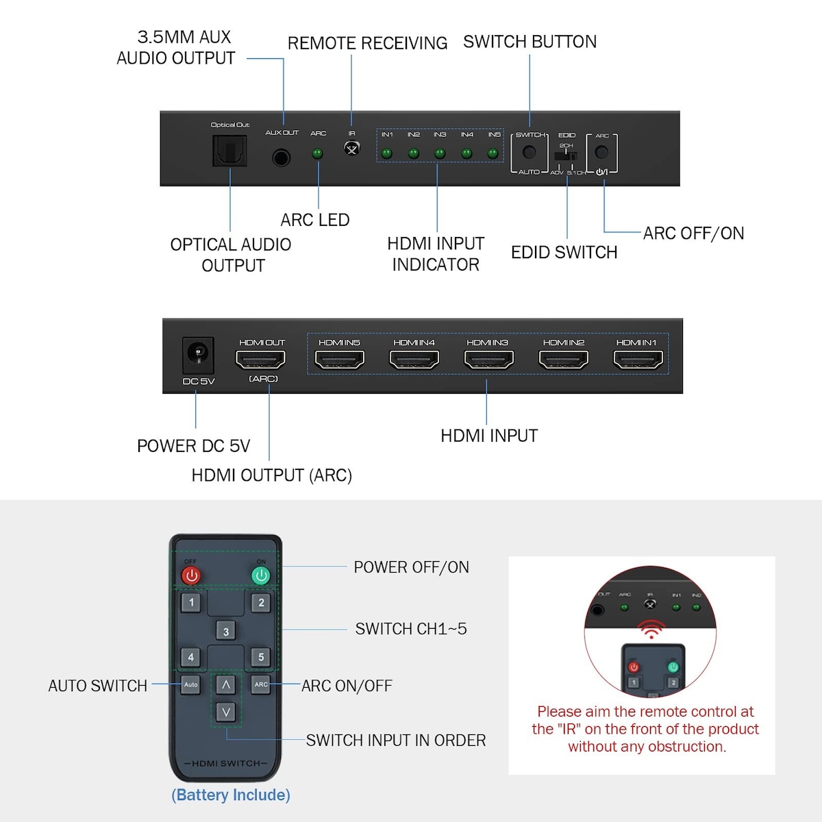 HDMI-bryter 5x, 4K 60Hz med ARC-lydekstrakter HDMI 2.0 HDR og fjernkontroll Sort