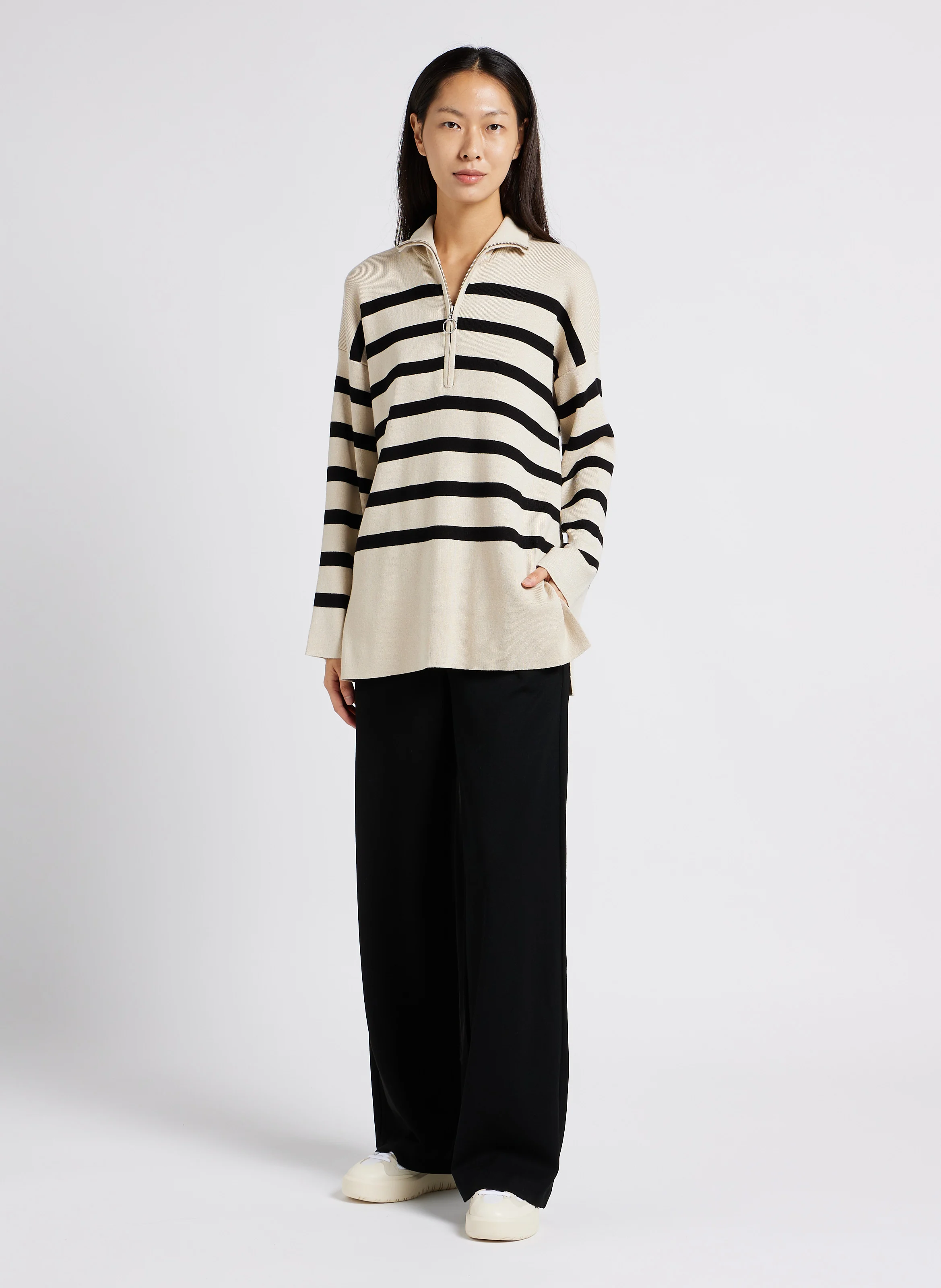 JESTER - Pull col montant à rayures | Beige