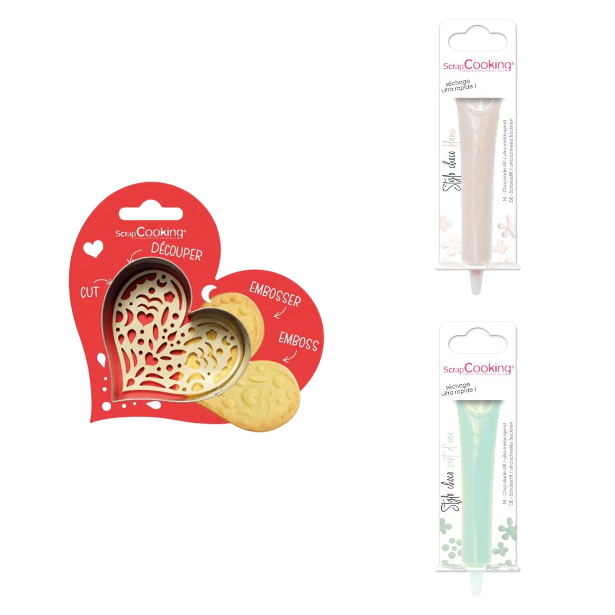 Kit pour biscuit en relief Coeur + 2 Stylos au chocolat blanc et vert