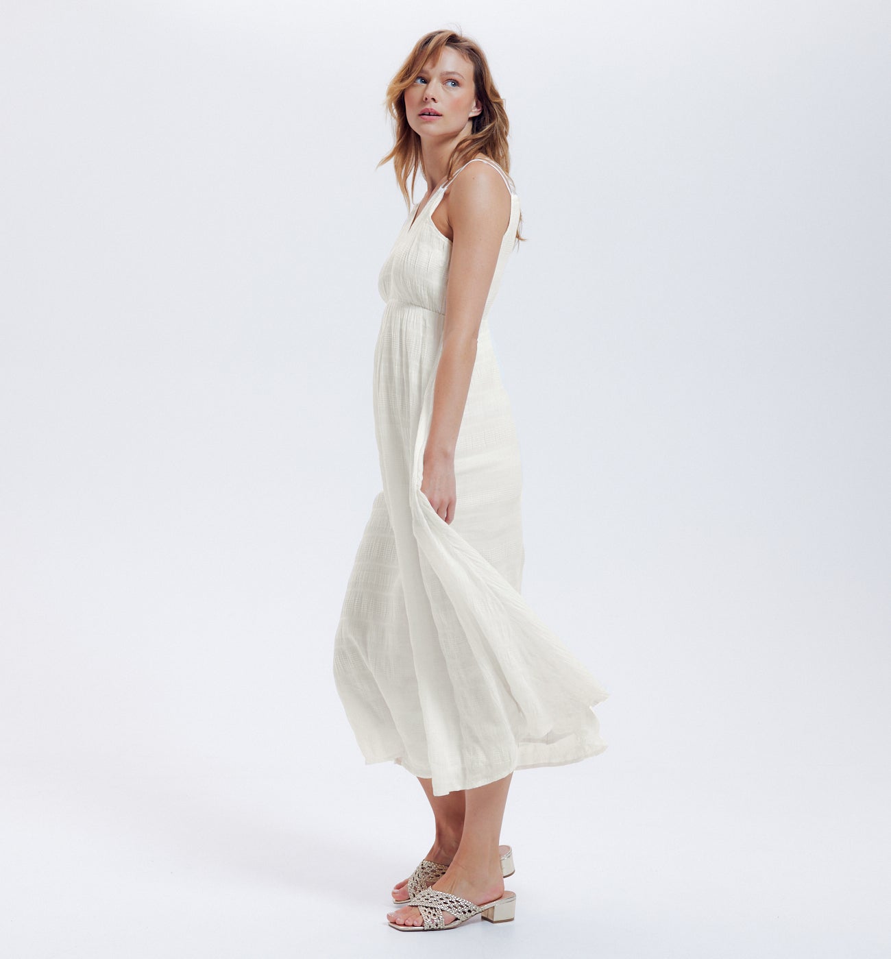 Robe mi-longue à bretelles - Ecru