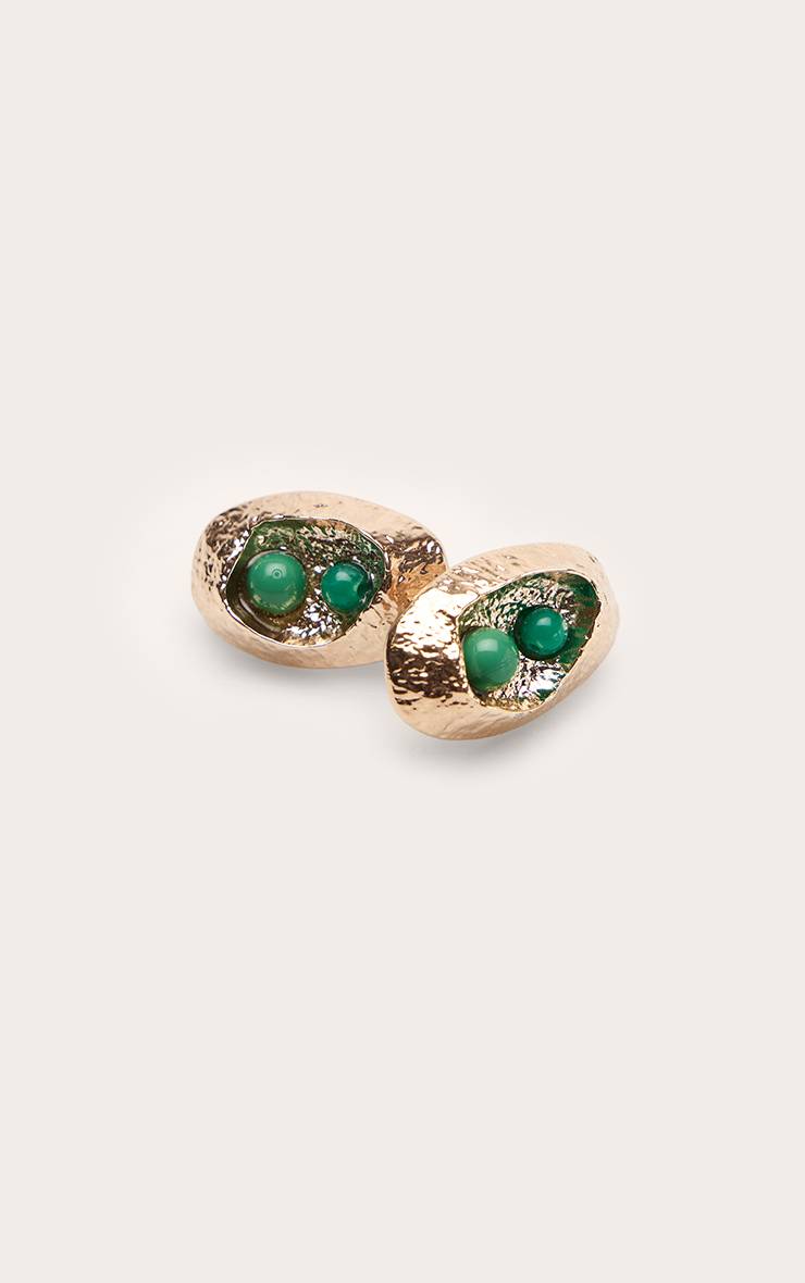 Vert Boucles D'oreilles Clous Ovales Texturées Dorées Avec Perle De Jade