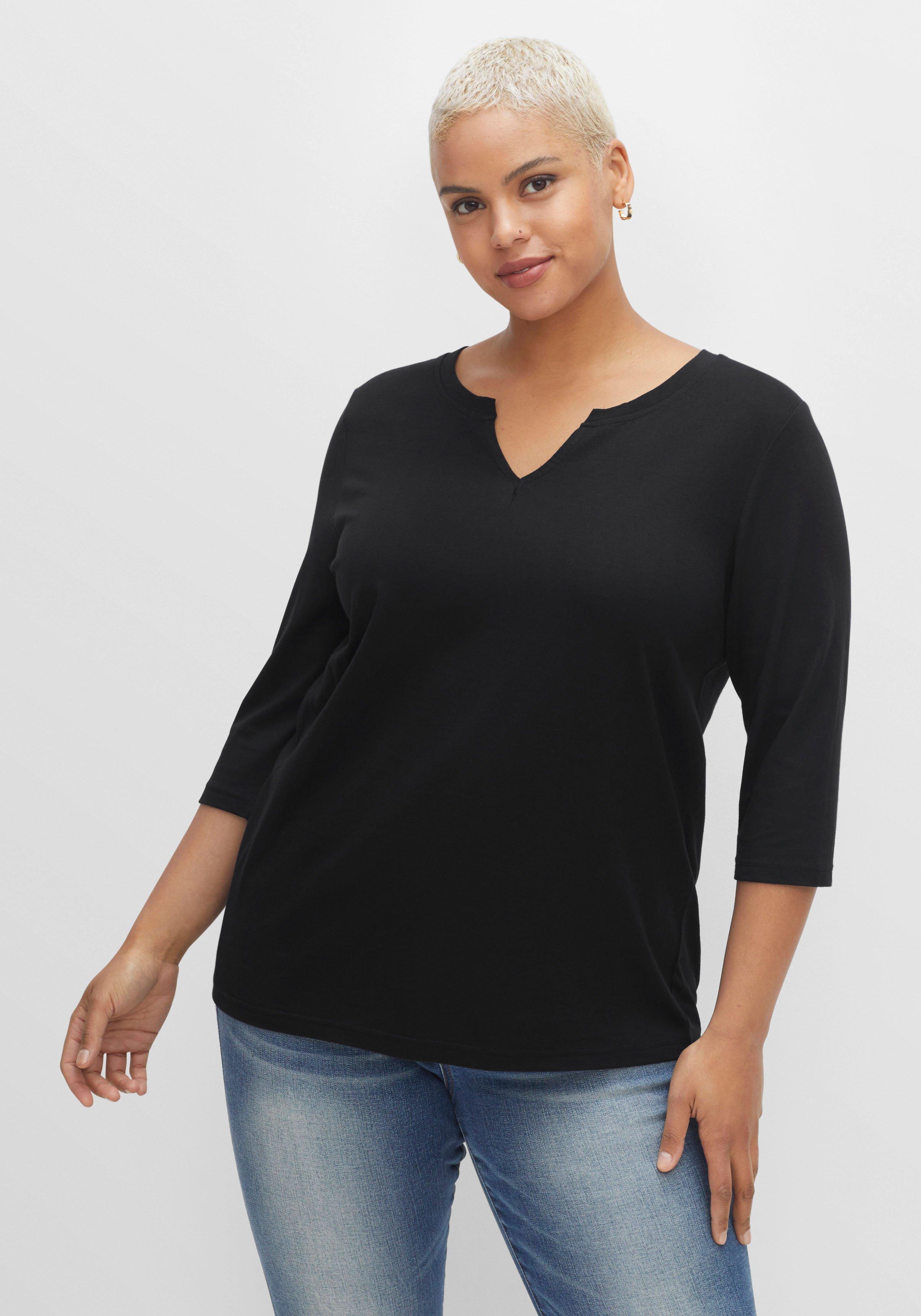 Shirt mit Rundhals und Schlitz, 3/4-Ärmel