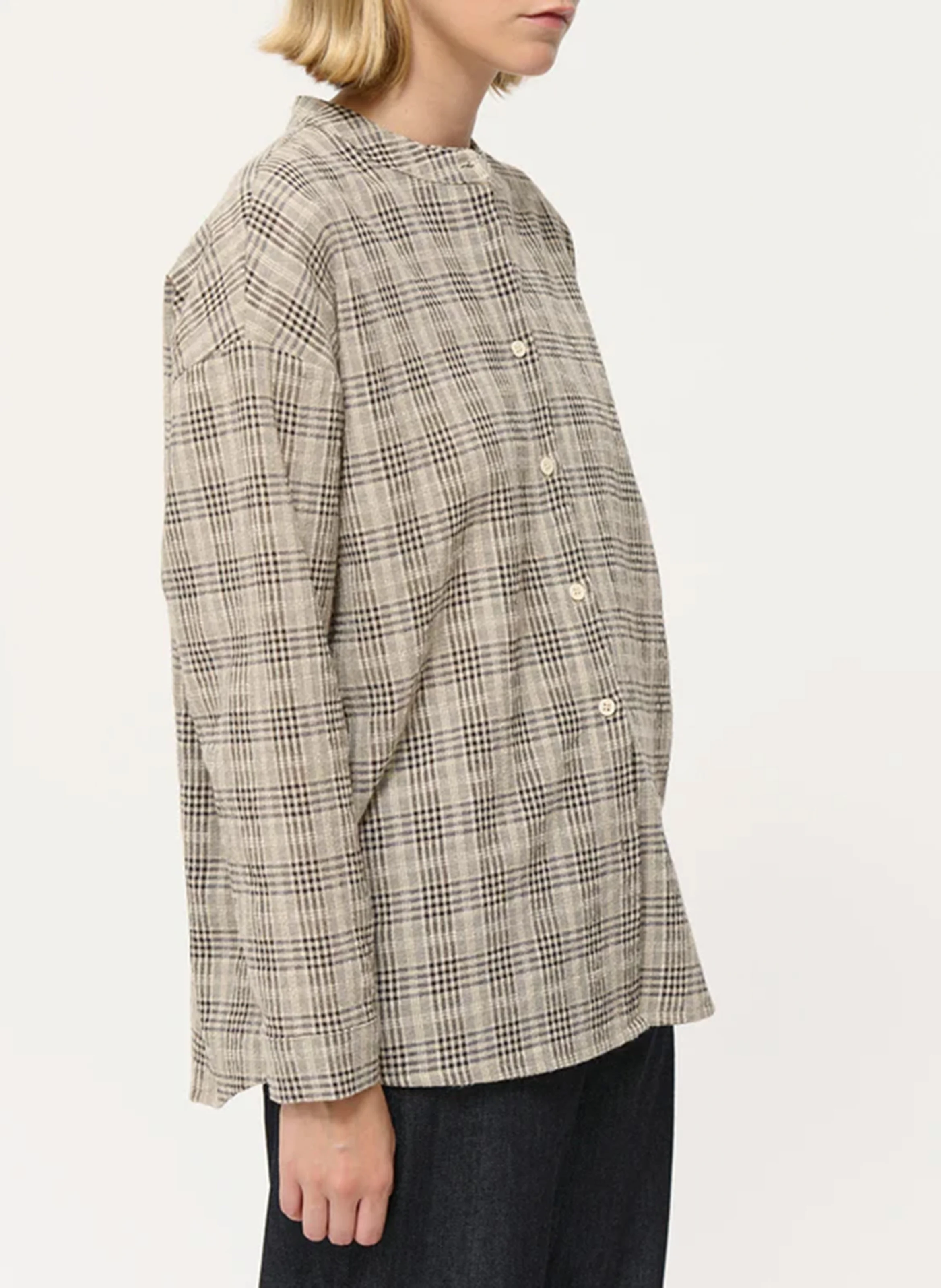 Chemise col mao à carreaux en coton| Gris